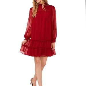 CECE ruffle neck balloon sleeve dress